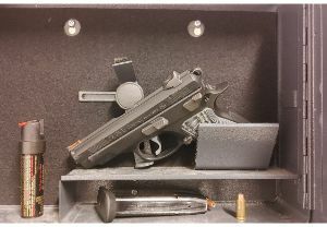 pistol, magazine, pepper spray inside a gun safe